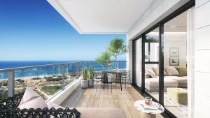 Visualisation des balcons de la tour donnant sur le Park Hayam et la mer