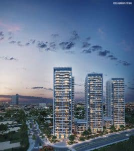 Visualisation de trois tours et de deux immeubles de faible hauteur