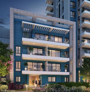 Visualisation d'un immeuble de faible hauteur montrant l'entrée de l'immeuble