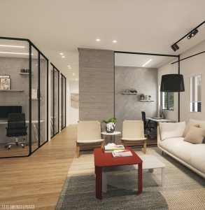 Visualisation du séjour où l'on voit le coin repas, la cuisine, un salon avec sièges et canapé et un balcon donnant sur la mer