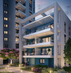 Visualisation d'un immeuble de faible hauteur montrant l'entrée de l'immeuble