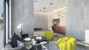 Visualisation du hall où l'on voit un poste de garde, un coin salon avec un canapé et deux sièges et des petites tables